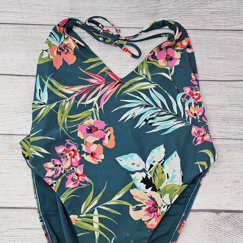 Billabong Teal Floral One-Piece Swimsuit with Pink & Green Accents